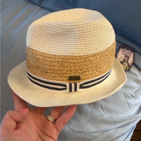 Sun And Sand Accessories - Striped Band Straw Fedora Hat - Cream & Tan